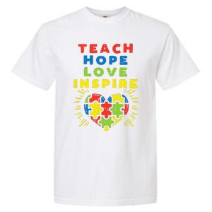 Teach Hope Love Inspire Heart Teacher Autism Awareness Sped Garment-Dyed Heavyweight T-Shirt