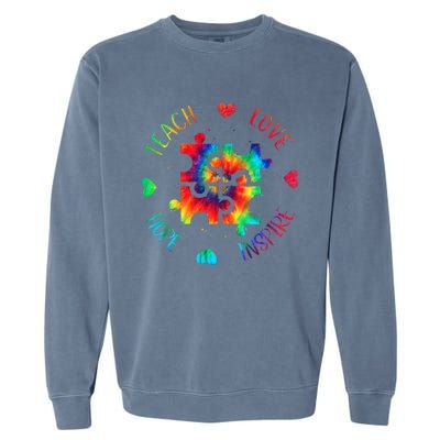 Teach Hope Love Inspire Autism Awareness Teacher Tie Dye Garment-Dyed Sweatshirt