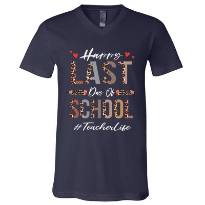 Teacher Happy Last Day Of School Summer Funny Leopard V-Neck T-Shirt