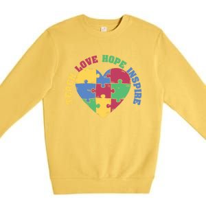 Teach Hope Love Inspire Puzzle Symbol Autism Awareness Gift Premium Crewneck Sweatshirt