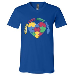 Teach Hope Love Inspire Puzzle Symbol Autism Awareness Gift V-Neck T-Shirt