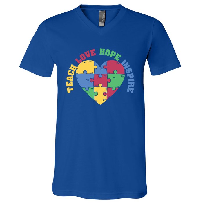 Teach Hope Love Inspire Puzzle Symbol Autism Awareness Gift V-Neck T-Shirt