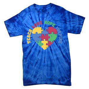 Teach Hope Love Inspire Puzzle Symbol Autism Awareness Gift Tie-Dye T-Shirt