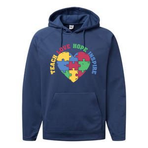 Teach Hope Love Inspire Puzzle Symbol Autism Awareness Gift Performance Fleece Hoodie