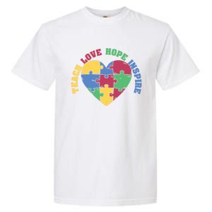 Teach Hope Love Inspire Puzzle Symbol Autism Awareness Gift Garment-Dyed Heavyweight T-Shirt