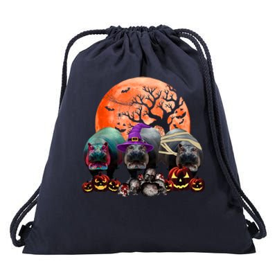 Three Hippo Mummy Witch Pumpkin Pet Lover Halloween Cute Gift Drawstring Bag