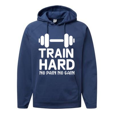 Train Hard No Pain No Gain Gift Funny Gym Workout Gift Performance Fleece Hoodie