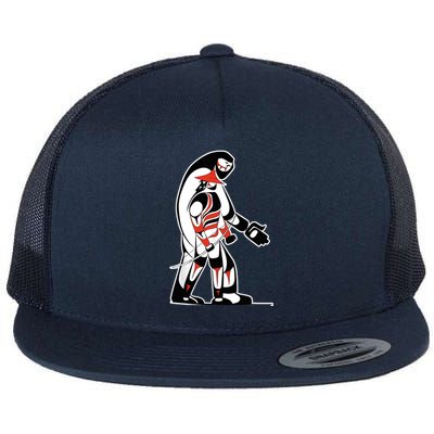 "The Hunter" Native Salish Artwork Hunter and Bigfoot Tribal Flat Bill Trucker Hat