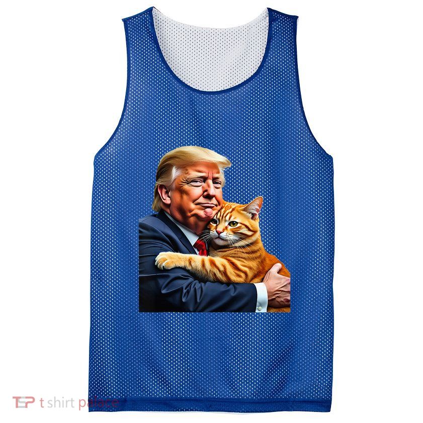 Trump Hugging Orange Cat Funny 2024 Election Meme Graphic Mesh Reversible Basketball Jersey Tank