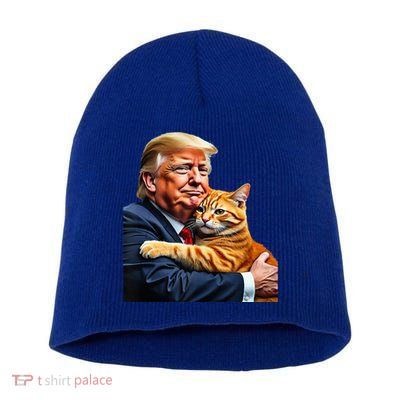 Trump Hugging Orange Cat Funny 2024 Election Meme Graphic Short Acrylic Beanie