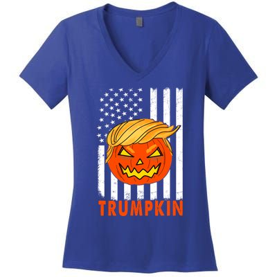 Trump Halloween Pumpkin Carving Funny Usa Flag Trumpkin Great Gift Women's V-Neck T-Shirt