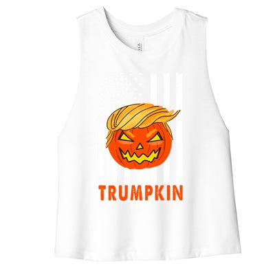 Trump Halloween Pumpkin Carving Funny Usa Flag Trumpkin Great Gift Women's Racerback Cropped Tank