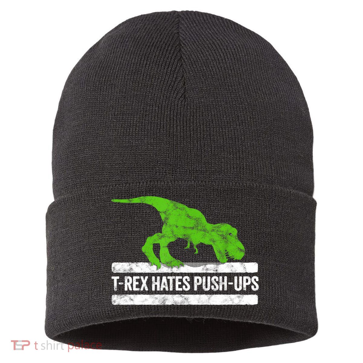 TRex Hates PushUps Dinosaur Funny Gym Push Ups Sustainable Knit Beanie