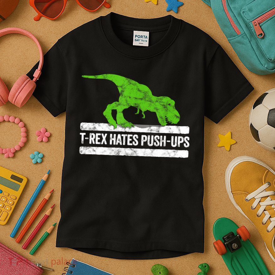 TRex Hates PushUps Dinosaur Funny Gym Push Ups Kids T-Shirt