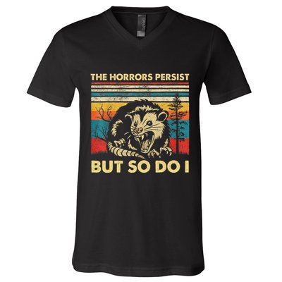 The Horrors Persist But So Do I Angry Opossum Possum V-Neck T-Shirt