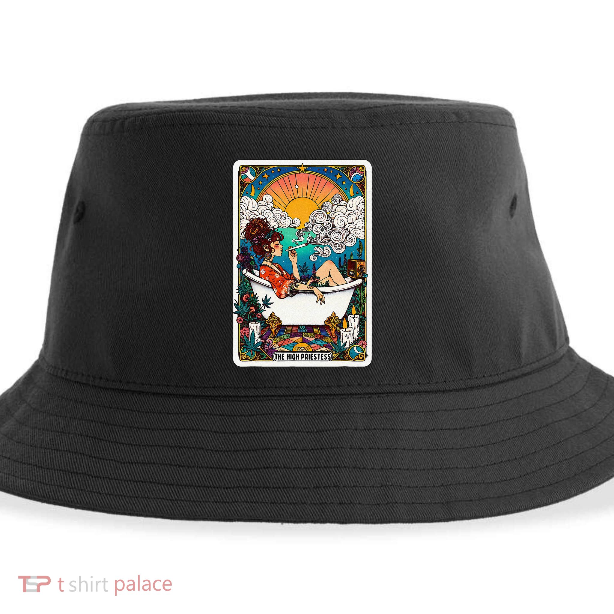 The High Priest.Ess Retro Cannabis Stoner Weed Tarot Card Sustainable Bucket Hat