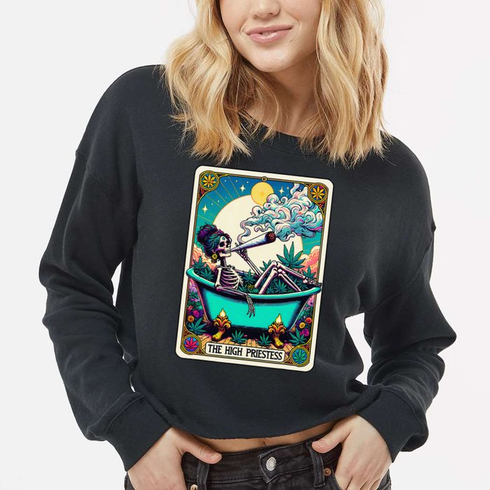 The High Priest.Ess Retro Skeleton Marijuana Weed Tarot Card Cropped Pullover Crew