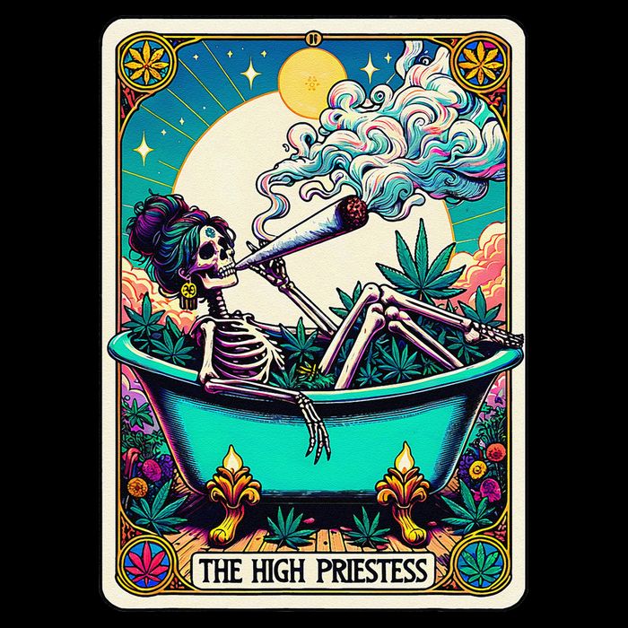 The High Priest.Ess Retro Skeleton Marijuana Weed Tarot Card Cropped Pullover Crew
