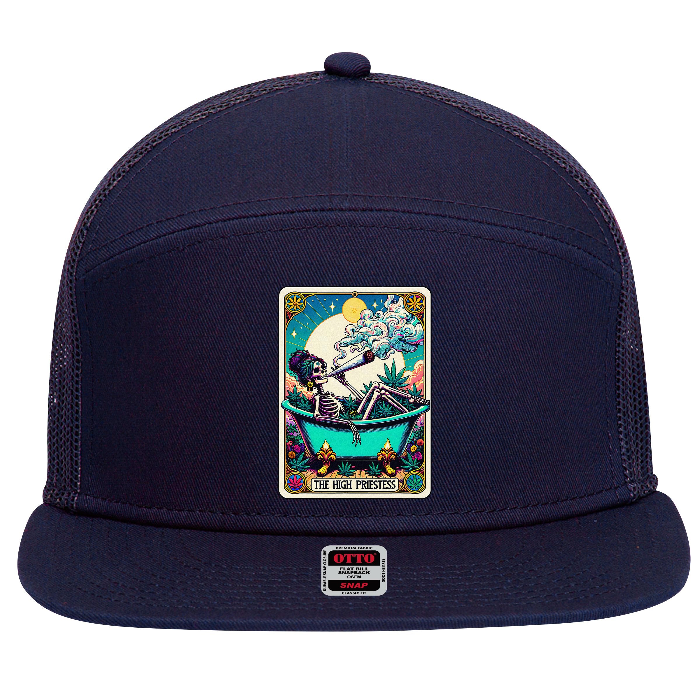 The High Priest.Ess Retro Skeleton Marijuana Weed Tarot Card 7 Panel Mesh Trucker Snapback Hat