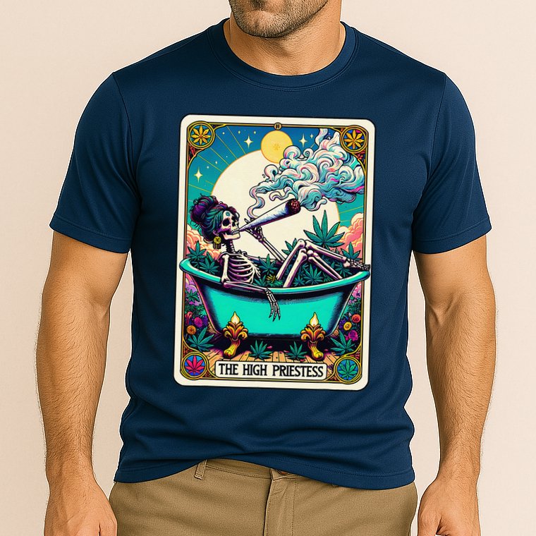 The High Priest.Ess Retro Skeleton Marijuana Weed Tarot Card Performance Shirt