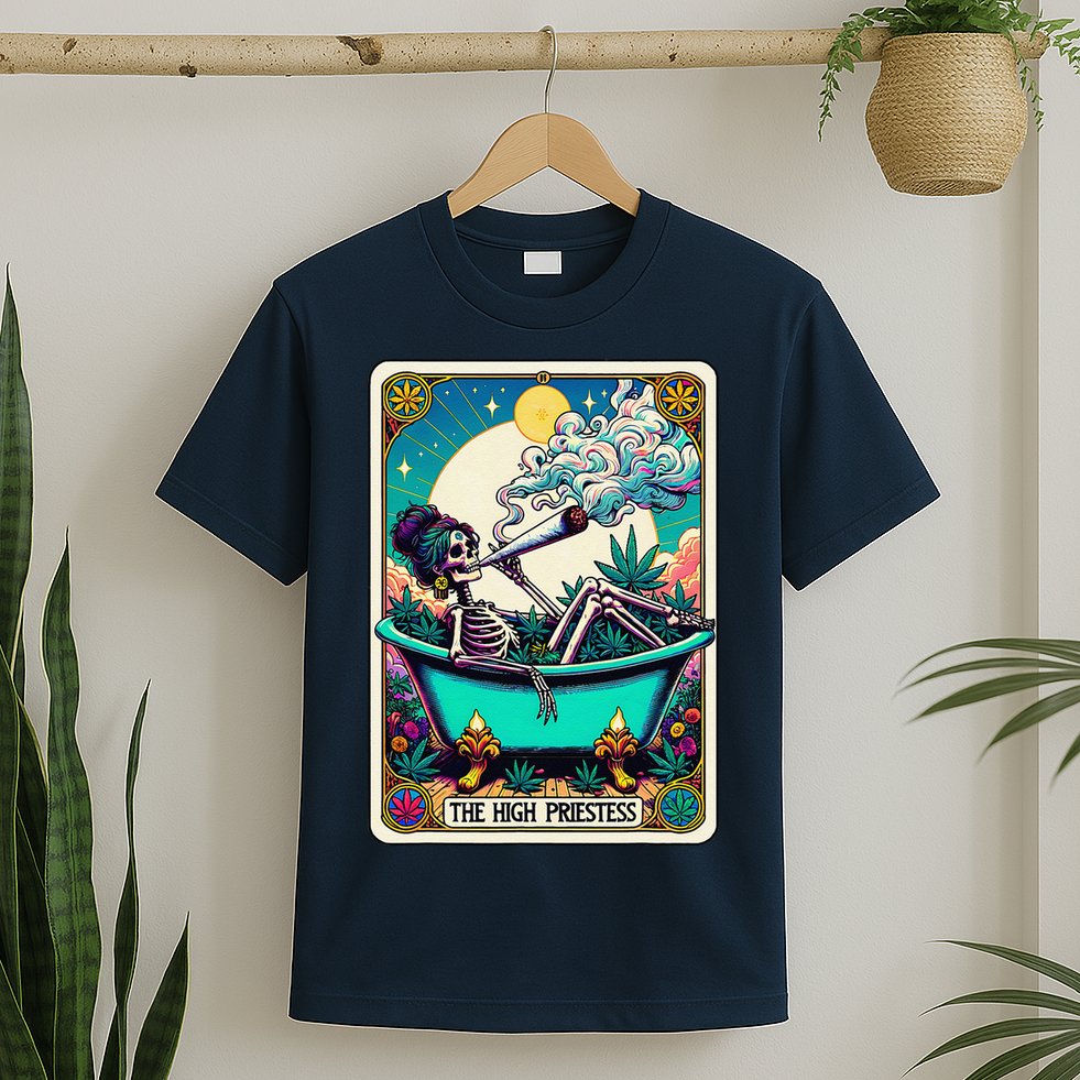 The High Priest.Ess Retro Skeleton Marijuana Weed Tarot Card T-Shirt