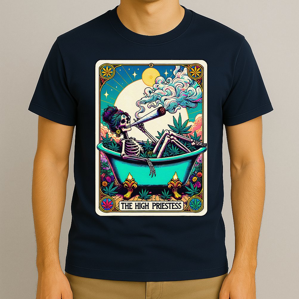 The High Priest.Ess Retro Skeleton Marijuana Weed Tarot Card T-Shirt