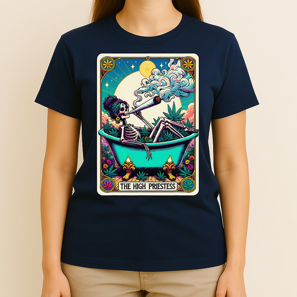 The High Priest.Ess Retro Skeleton Marijuana Weed Tarot Card T-Shirt