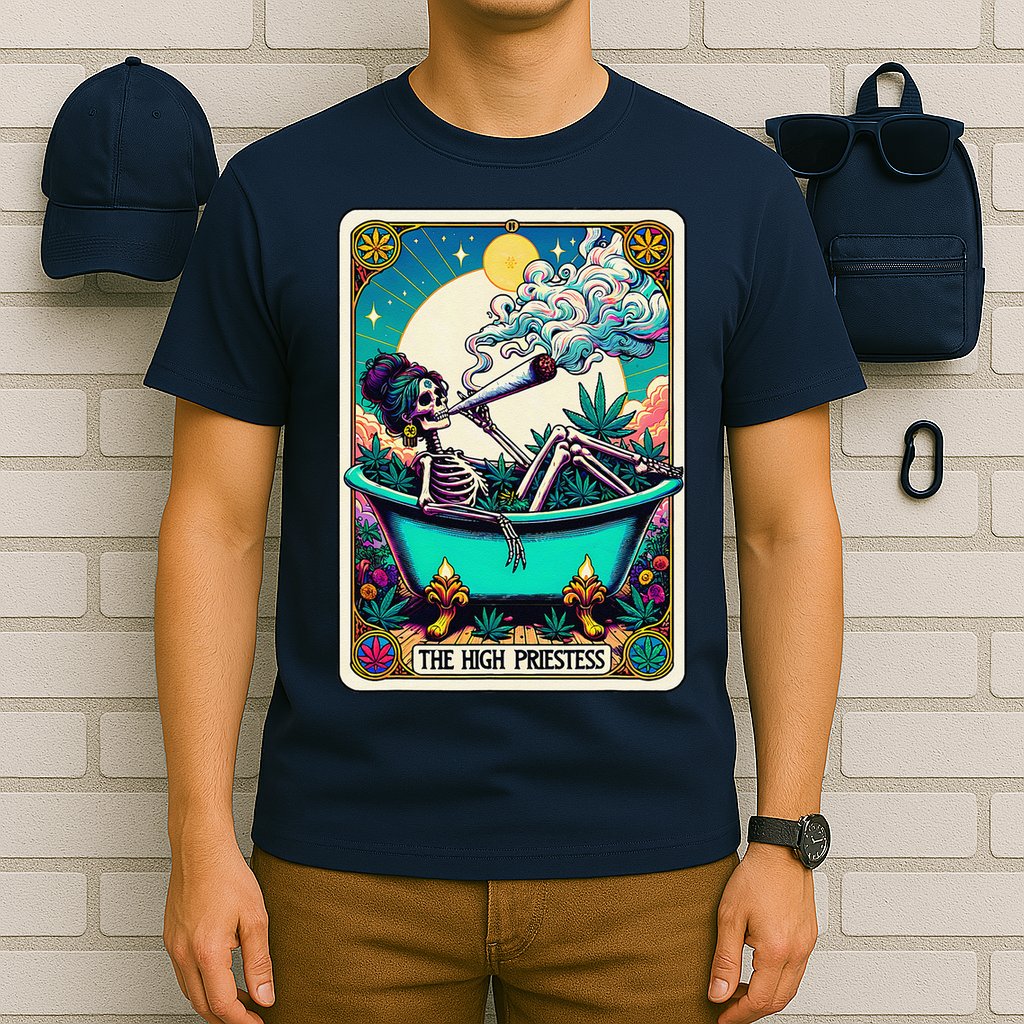 The High Priest.Ess Retro Skeleton Marijuana Weed Tarot Card T-Shirt