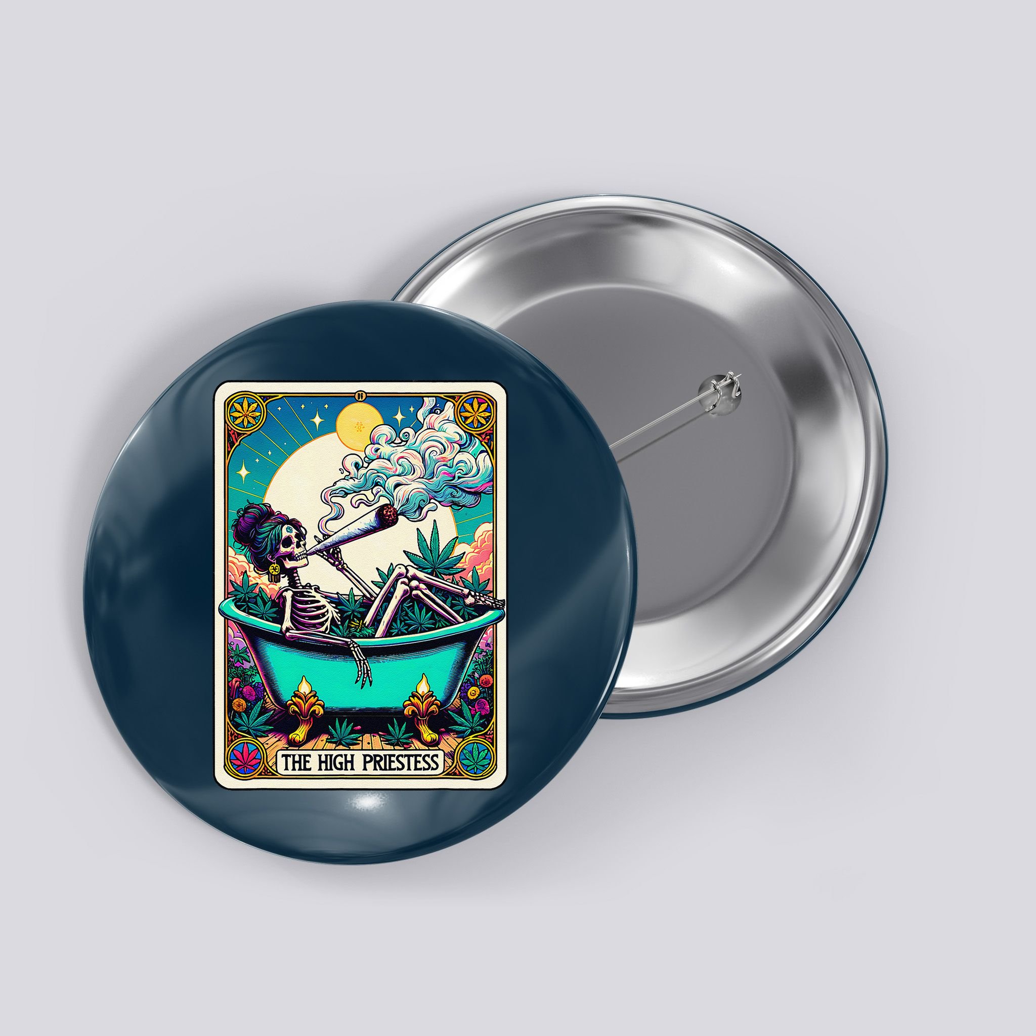 The High Priest.Ess Retro Skeleton Marijuana Weed Tarot Card Button