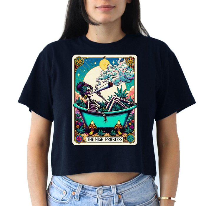 The High Priest.Ess Retro Skeleton Marijuana Weed Tarot Card Women's Crop Top Tee