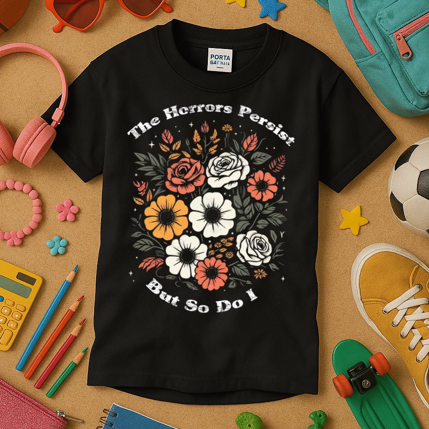 The Horrors Persist But So Do I Humor Funny Flower Kids T-Shirt