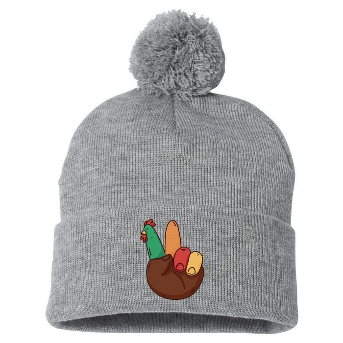 Turkey Hand Peace Sign Holiday Pom Pom 12in Knit Beanie