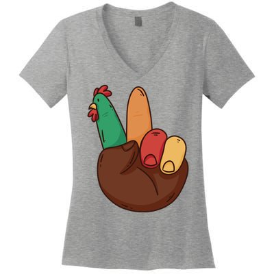 Turkey Hand Peace Sign Holiday Women's V-Neck T-Shirt