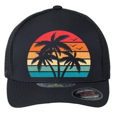 Tropical Hawaiian Retro Palm Tree Sunset Hawaii Beach Flexfit Unipanel Trucker Cap