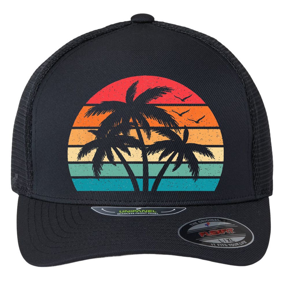 Tropical Hawaiian Retro Palm Tree Sunset Hawaii Beach Flexfit Unipanel Trucker Cap