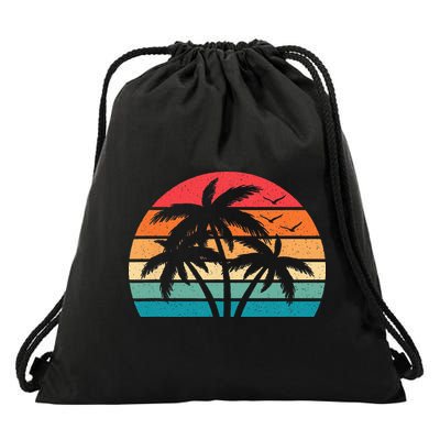Tropical Hawaiian Retro Palm Tree Sunset Hawaii Beach Drawstring Bag