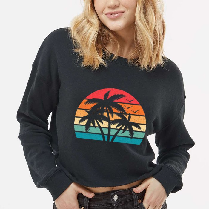 Tropical Hawaiian Retro Palm Tree Sunset Hawaii Beach Cropped Pullover Crew