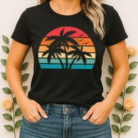 Tropical Hawaiian Retro Palm Tree Sunset Hawaii Beach Womens T-Shirt