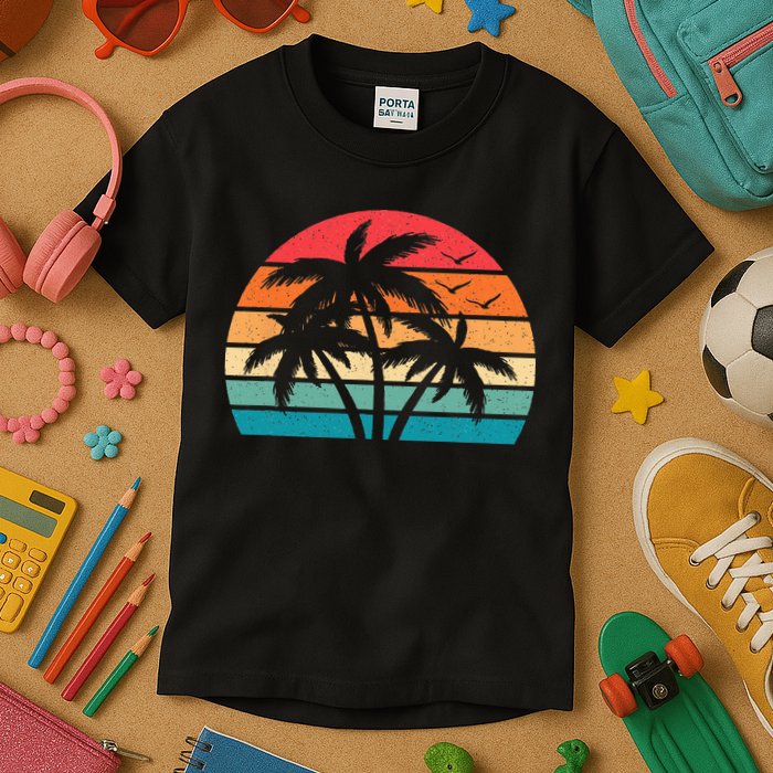 Tropical Hawaiian Retro Palm Tree Sunset Hawaii Beach Kids T-Shirt