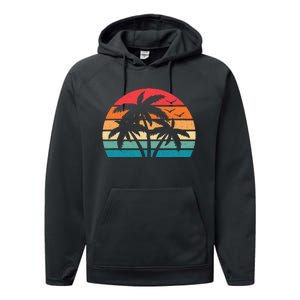 Tropical Hawaiian Retro Palm Tree Sunset Hawaii Beach Performance Fleece Hoodie