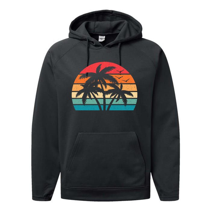 Tropical Hawaiian Retro Palm Tree Sunset Hawaii Beach Performance Fleece Hoodie