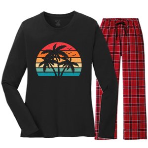 Tropical Hawaiian Retro Palm Tree Sunset Hawaii Beach Women's Long Sleeve Flannel Pajama Set 