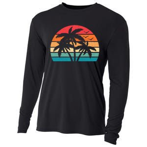 Tropical Hawaiian Retro Palm Tree Sunset Hawaii Beach Cooling Performance Long Sleeve Crew