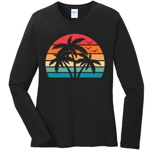 Tropical Hawaiian Retro Palm Tree Sunset Hawaii Beach Ladies Long Sleeve Shirt