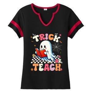 Teacher Halloween Retro Trick Or Teach Floral Ghost Ladies Halftime Notch Neck Tee