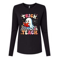 Teacher Halloween Retro Trick Or Teach Floral Ghost Womens Cotton Relaxed Long Sleeve T-Shirt