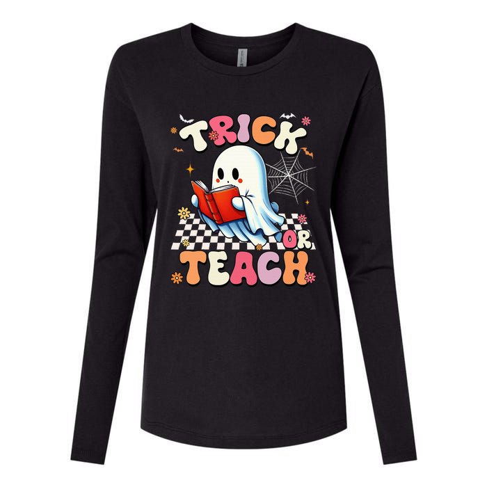 Teacher Halloween Retro Trick Or Teach Floral Ghost Womens Cotton Relaxed Long Sleeve T-Shirt