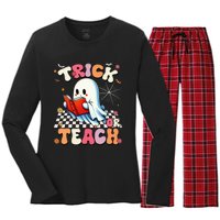 Teacher Halloween Retro Trick Or Teach Floral Ghost Women's Long Sleeve Flannel Pajama Set 