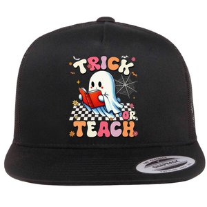 Teacher Halloween Retro Trick Or Teach Floral Ghost Flat Bill Trucker Hat