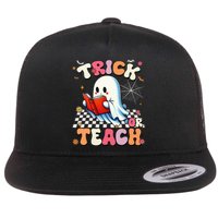 Teacher Halloween Retro Trick Or Teach Floral Ghost Flat Bill Trucker Hat